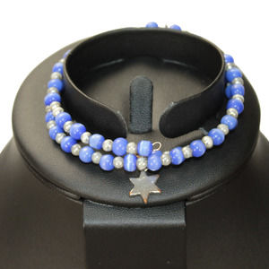 Iridescent Blue Silver Star Charm Beaded Acrylic Memory Wire Bracelet